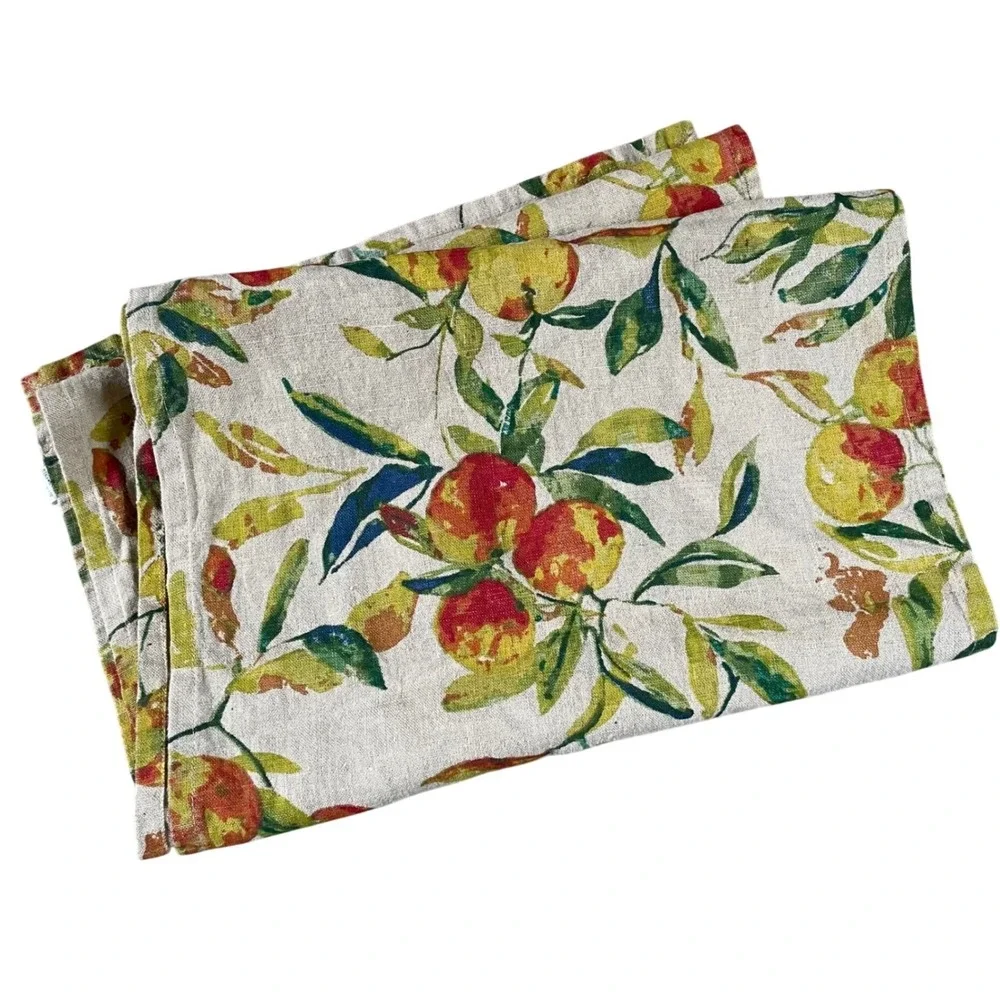World Market Table Runner 100% Linen Green Orange Fruit Peaches Vibrant 16 x‎ 90